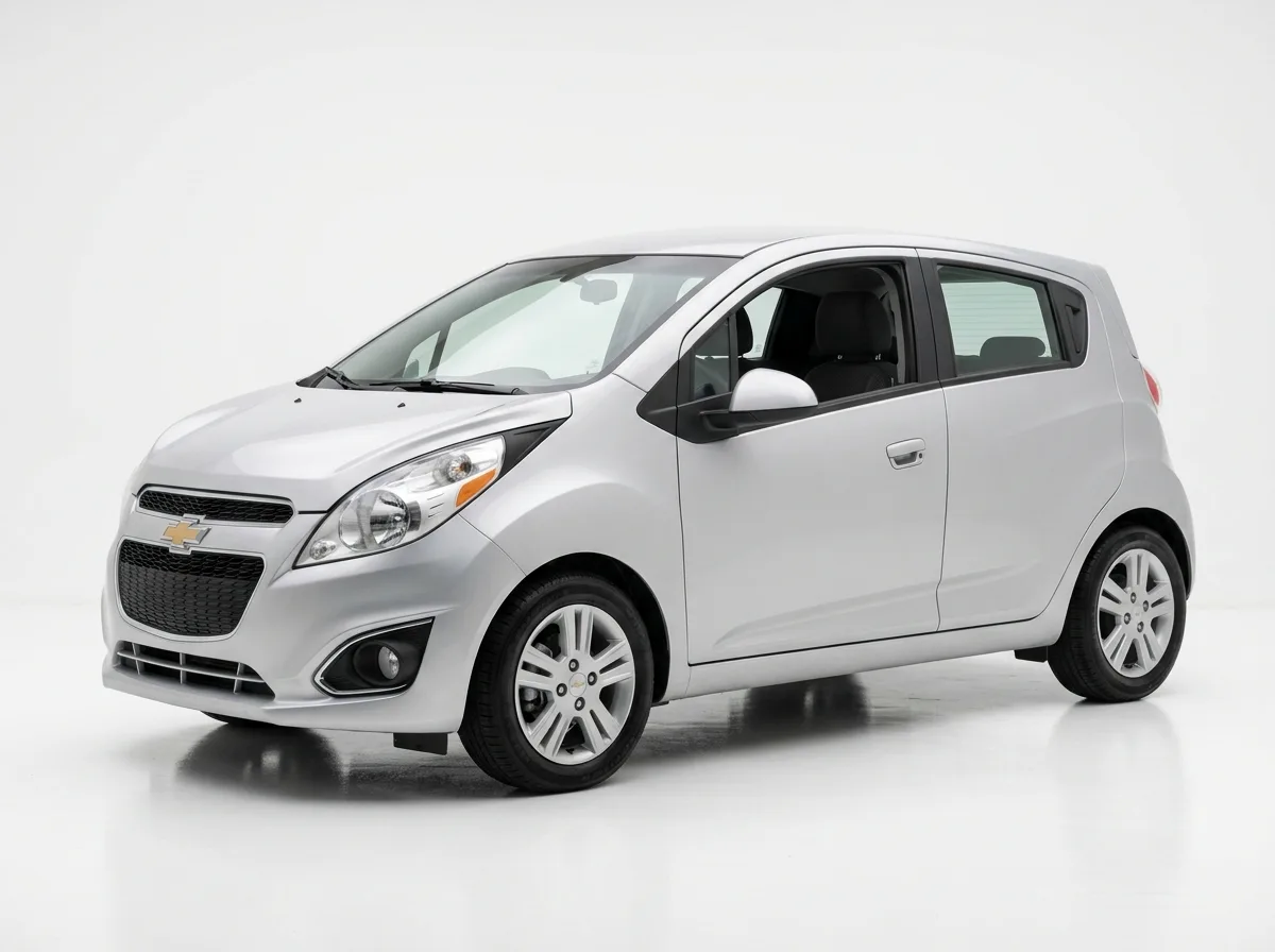 Economy compact hatchback Chevrolet Spark in silver, studio white background, three-quarter front view, clean minimal