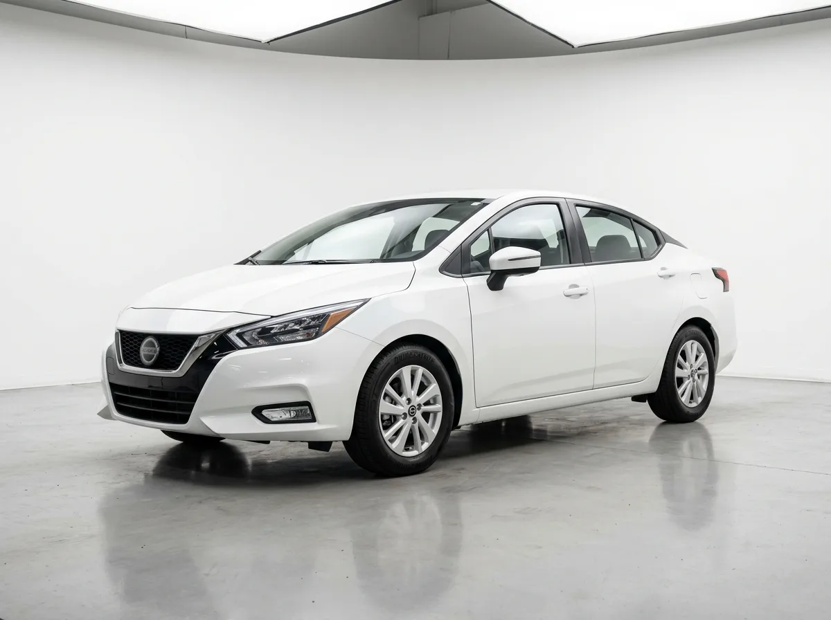 Compact sedan Nissan Versa in white, studio shot, front three-quarter angle, clean automotive photography