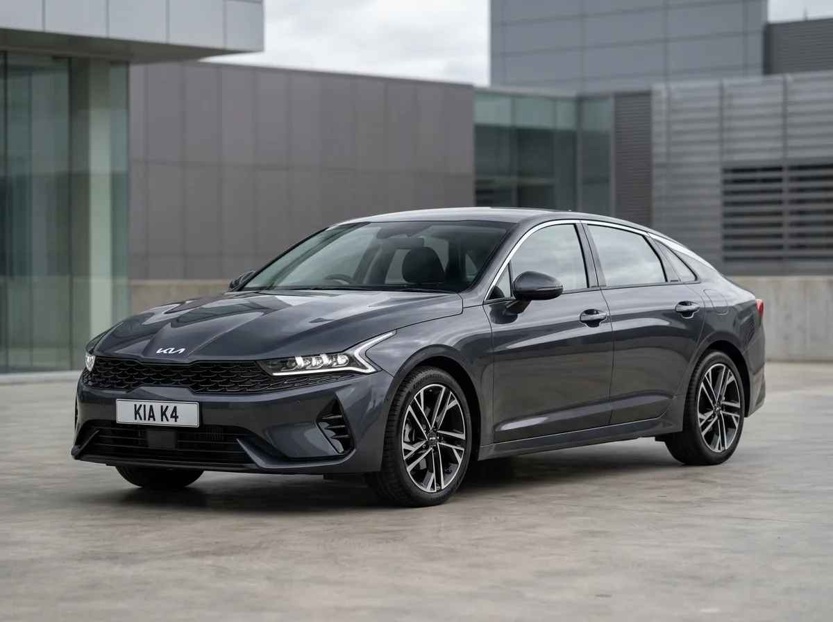 Intermediate sedan Kia K4 in dark gray, professional automotive photo, three-quarter front angle, neutral background