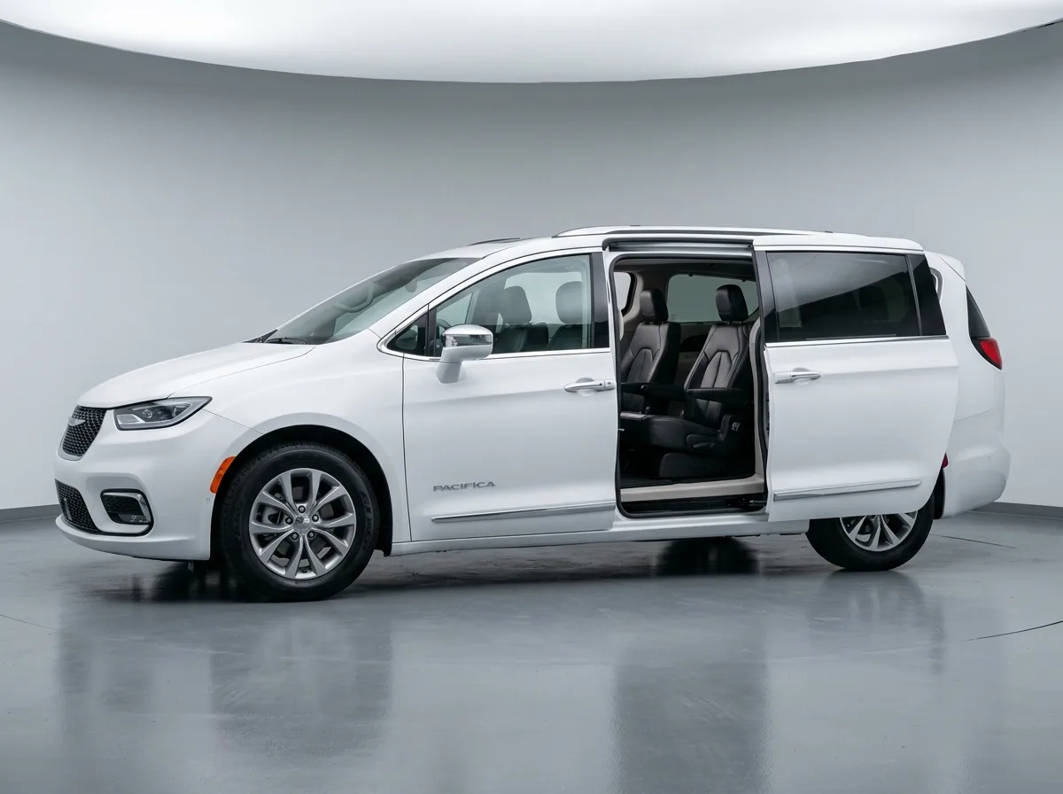 Chrysler Pacifica minivan in white, side-angle professional photo, sliding door visible, family vehicle studio shot