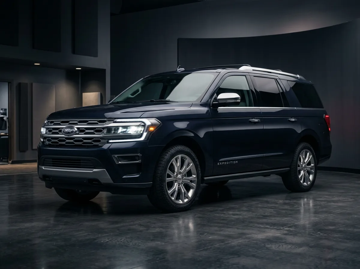 Ford Expedition full-size SUV in dark navy, professional automotive photo, three-quarter angle, dramatic studio lighting