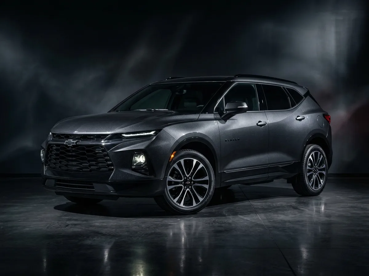 Chevrolet Blazer premium SUV in metallic graphite, upscale three-quarter front photo, dramatic dark studio background, luxury feel