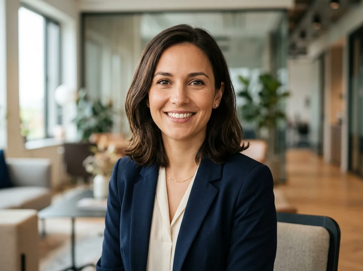 Professional headshot of a woman in her 30s named Sandra M, friendly smile, business casual attire