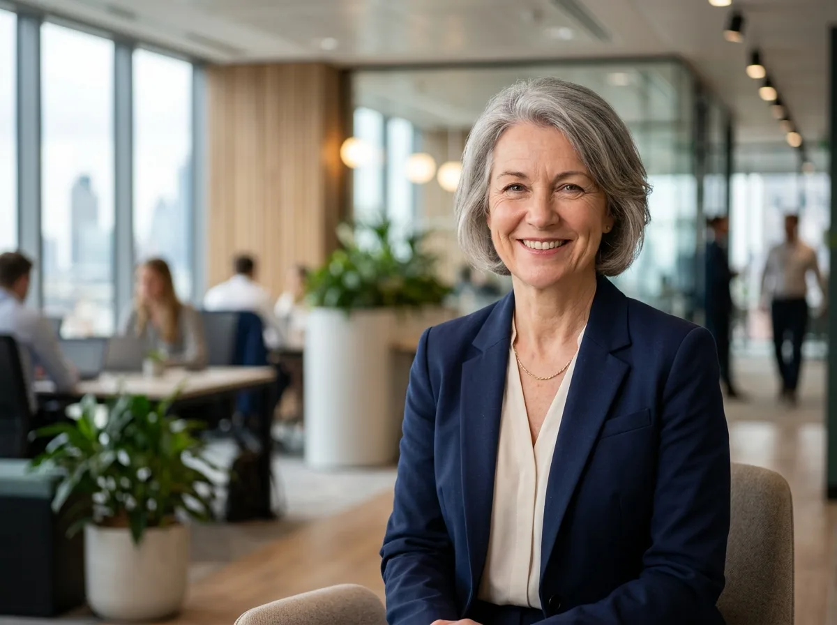 Professional headshot of a woman in her 50s named Margaret T, warm smile, professional blazer, modern office background