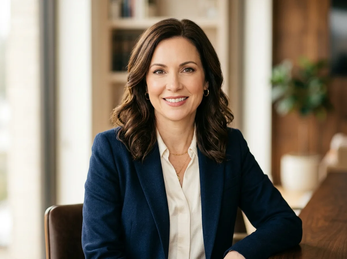 Professional headshot of a woman in her 40s named Patricia W, business attire, warm lighting, confident expression