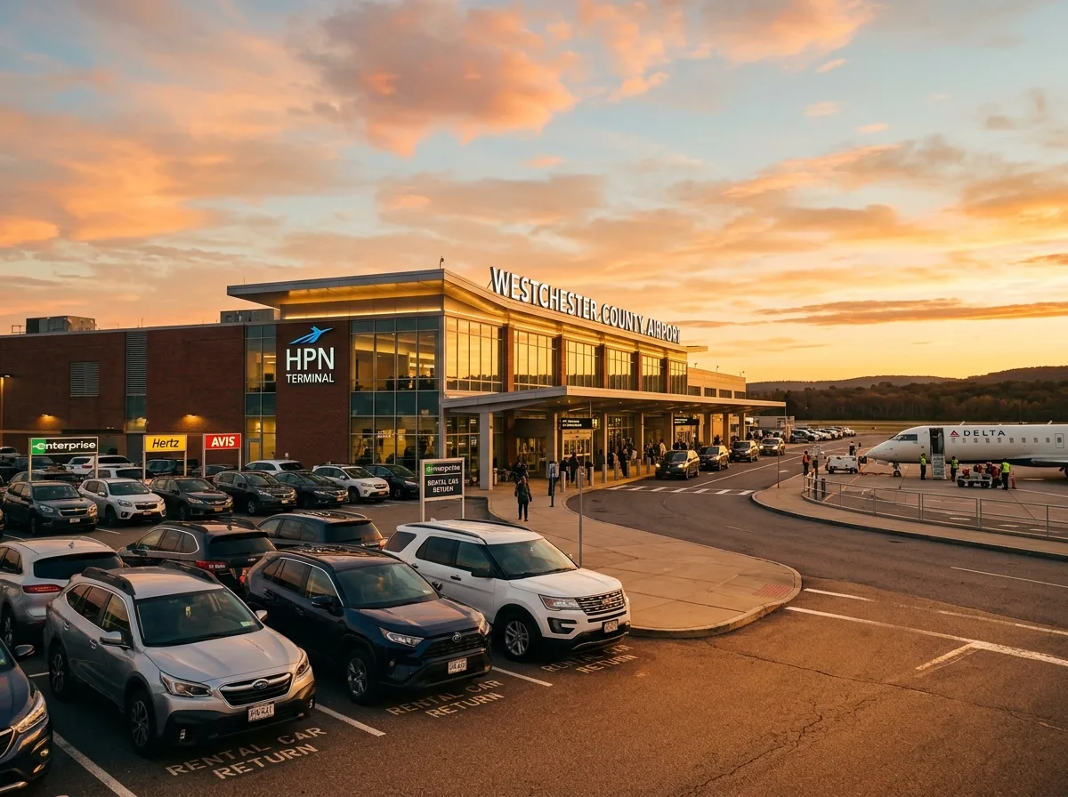 Westchester County Airport terminal building exterior at golden hour, warm sunset light, parked rental cars in foreground, cinematic atmosphere